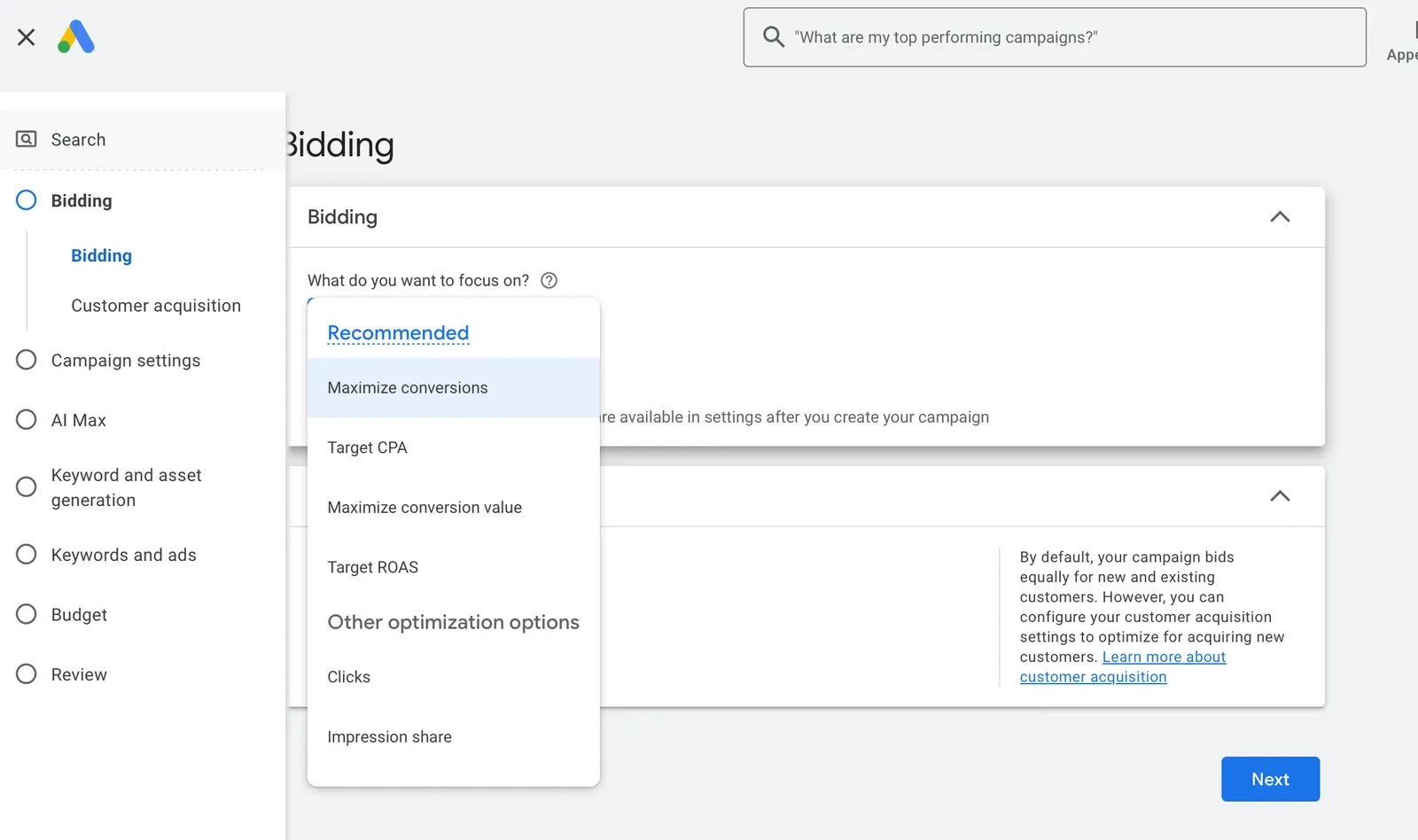 The Google Ads bidding focus menu offering Maximize conversions, Target CPA, Maximize conversion value, Target ROAS, Clicks and Impression share