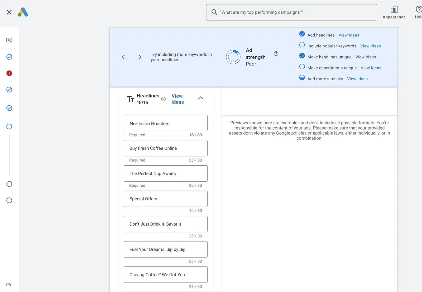 A responsive search ad being written in Google Ads with 15 headlines and an Ad strength rating of Poor, suggesting to include more keywords in the headlines