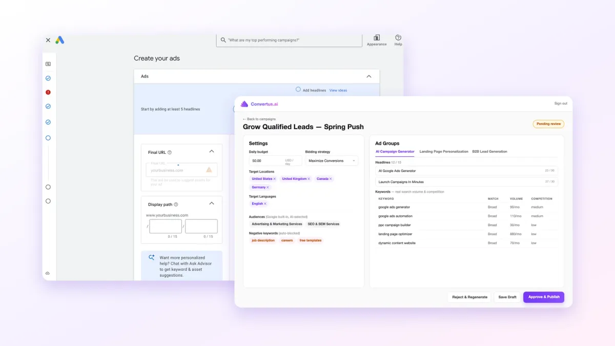 The Google Ads 'Create your ads' screen next to a Convertus campaign draft showing ad groups, keywords and targeting settings