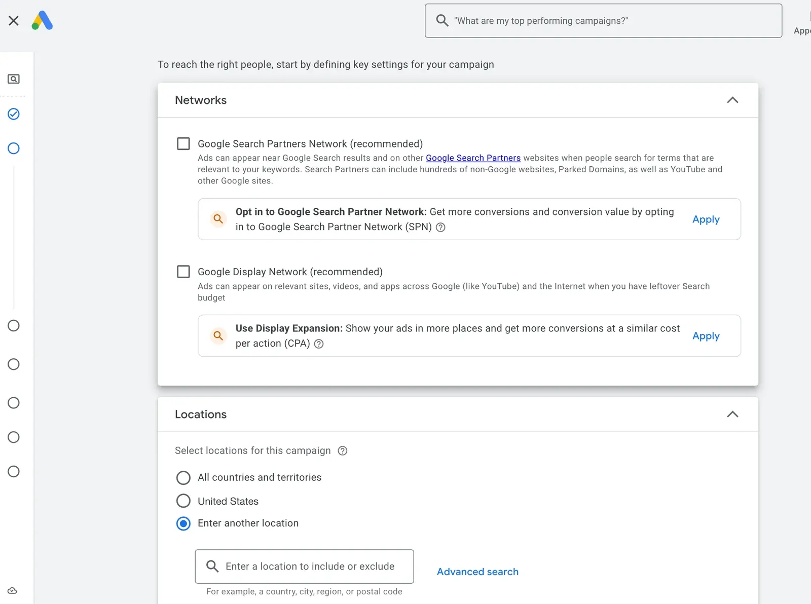Google Ads network settings with Google Search Partners Network and Google Display Network both labelled 'recommended', and the location options below